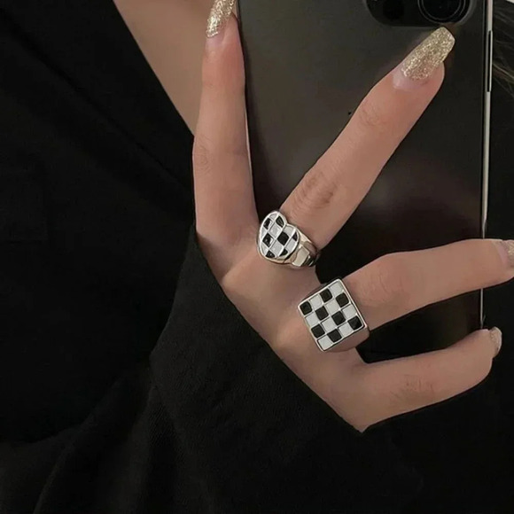 Jewelry | 925 Silver Checkered Ring Square Signet Ring Heart  925 Silver Checkered Ring Square Signet Ring Heart Ring Black and White Ring